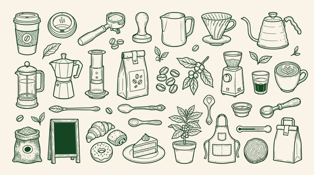 A charming hand-drawn illustration showcasing a diverse collection of coffee-related items, from brewing equipment to baked goods and plants.