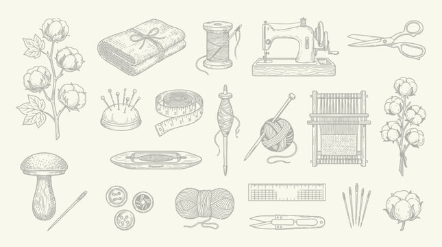 A vintage-style illustration featuring a collection of sewing and textile-related items, including cotton plants, a sewing machine, scissors, thread, needles, buttons, and a loom.