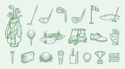 A comprehensive collection of hand-drawn golf equipment and accessories, presented in a charming, vintage-inspired illustration style. © KN collection