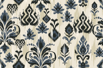 Seamless ikat pattern, ethnic ornamental floral motif with traditional tribal elements, vintage decorative repeat design in neutral tones for textile fabric wallpaper background. © opart