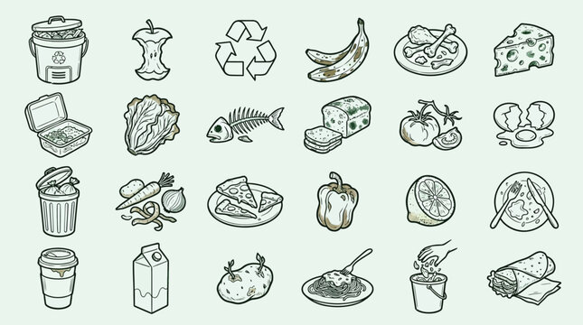 A collection of hand-drawn icons representing various types of food waste and recycling symbols, illustrating concepts of food disposal and environmental responsibility.