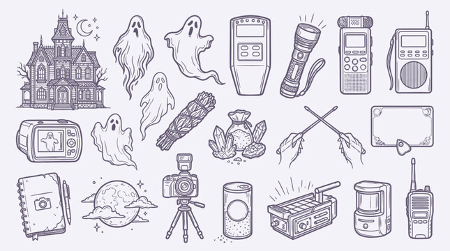 A collection of hand-drawn illustrations depicting various items and symbols associated with paranormal investigation and ghost hunting.