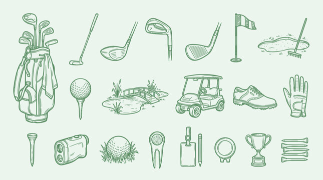 A comprehensive collection of hand-drawn golf equipment and accessories, presented in a charming, vintage-inspired illustration style.
