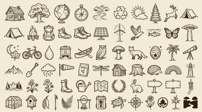 A comprehensive collection of hand-drawn icons representing nature, outdoor activities, and environmental themes.