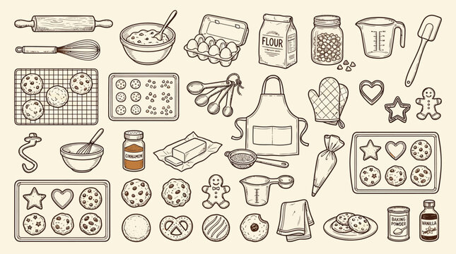 A comprehensive collection of hand-drawn illustrations depicting various baking tools, ingredients, and finished cookies, presented in a vintage, etched style.