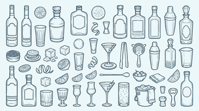 A comprehensive collection of hand-drawn illustrations depicting various barware, bottles, and cocktail ingredients, presented in a clean, monochromatic style.
