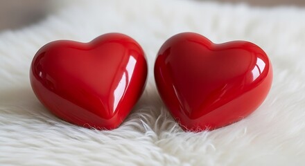 Fototapeta premium Two Shiny Red Heart Shapes Resting on a Fluffy White Surface stock
