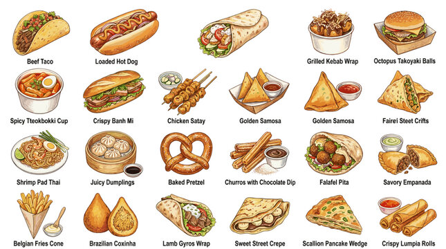 Colorful international snack vector collection with tacos, hot dogs, churros, pretzels, samosas and street food dishes for menu and food design