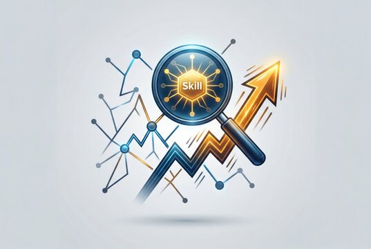 Magnifying glass illuminating skill growth with dynamic upward trends in analytics and data driven innovation reflecting professional development and competency enhancement