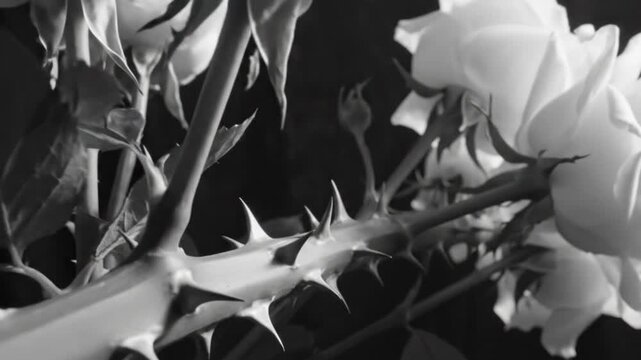 Black and white close up of a beautiful blooming white roses stem with sharp thorns and smoke.