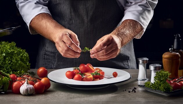 chef preparing gourmet dish with tomatoes culinary artistry food preparation gourmet cuisine tomato garnish chef s skill