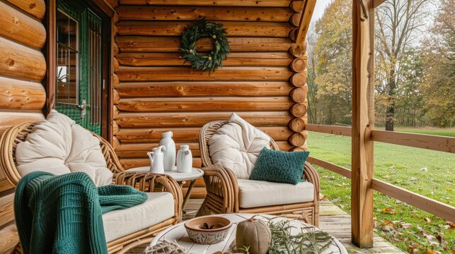 Cozy log cabin porch with wicker furniture