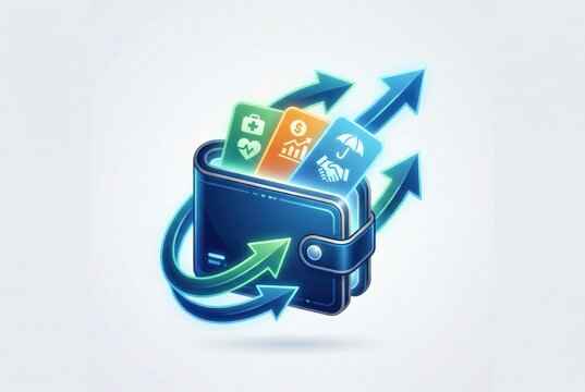 Digital wallet concept illustrating financial growth with healthcare and investment icons, emphasizing innovation and security in modern transactions and personal finance strategies