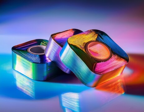 shiny reflective rolls of holographic metallic tape on a smooth gradient surface glowing under colorful studio lights vibrant reflections and prism