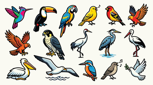 A vibrant collection of diverse bird species, showcasing a variety of colors, sizes, and poses, set against a plain background.