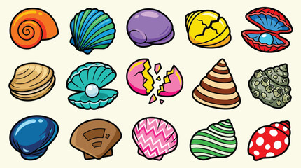 A vibrant collection of diverse seashells, showcasing a variety of shapes, colors, and textures, including spiral, bivalve, and conch varieties, some with pearls. © desiana