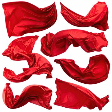 Eight vibrant red fabric swathes floating against a bright white background