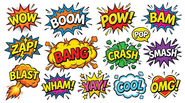 Collection of comic book style sound effect words like WOW, BOOM, POW, BAM, ZAP, BANG, CRASH, SMASH, BLAST, WHAM, YAY, COOL, and OMG.