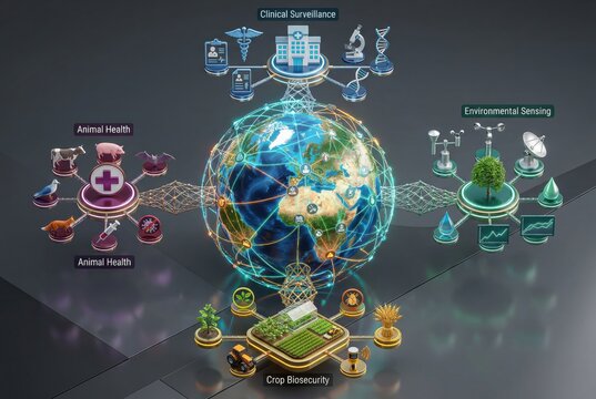 Global interconnectedness in healthcare and agriculture illustrating animal health, crop biosecurity, clinical surveillance, and environmental sensing technologies enhancing future resilience