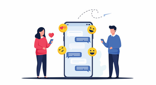 Man and woman with smartphones interacting with a central messaging app featuring emojis, perfect for social media, communication apps and digital connection.