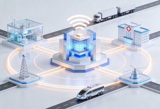 Futuristic urban landscape showcasing advanced connectivity with a smart healthcare facility, automated logistics transport, interactive communication nodes, and high tech infrastructures