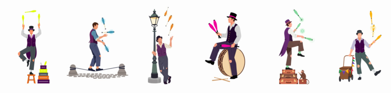 Collection of Vintage Style Street Performer Illustrations Showing a Juggler in Various Acts like Tightrope Walking and Balancing