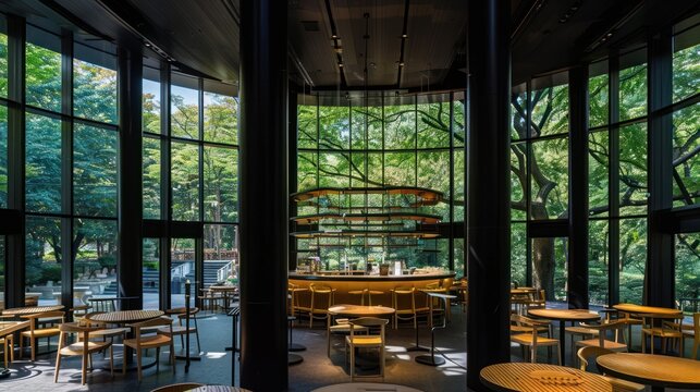 Modern, airy cafe with a park view