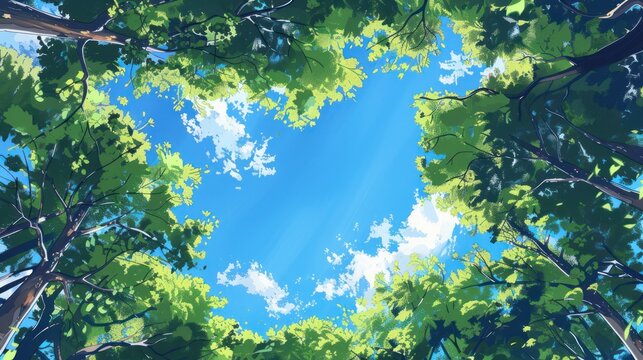 Lush forest canopy, bright sky