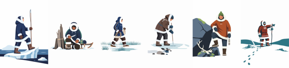 Set of illustrations depicting indigenous Arctic people in traditional clothing engaged in activities like hunting, fishing, and trekking across the snowy tundra landscape. © Pat