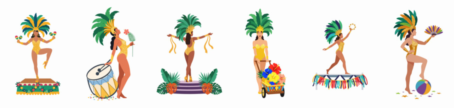 Vector illustration collection of female samba dancers in vibrant feather headdresses and gold leotards, celebrating Brazilian Carnival on a white background.