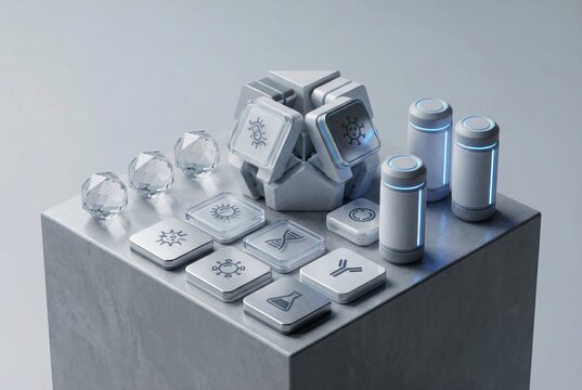 Futuristic lab equipment with crystal elements featuring laboratory icons for innovative research and technological advancement structured in a minimalist setting expressing creativity