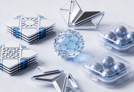 Innovative 3D geometric composition featuring metallic textures and glass like spheres showcasing modern design principles and technological aesthetics