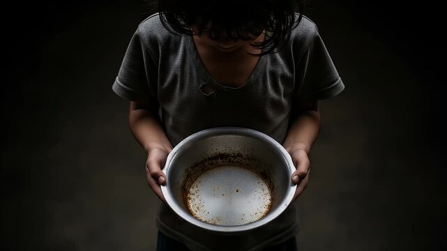 Poor hungry child holding an empty bowl while looking down in despair because of the lack of food and struggling with severe poverty during a difficult time