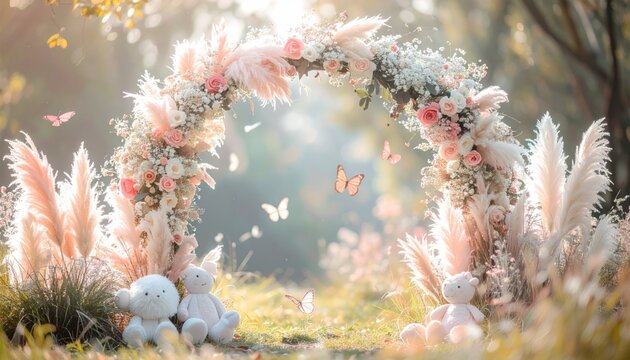Enchanting Floral Archway with Plush Bunnies in a Dreamy Garden Setting.