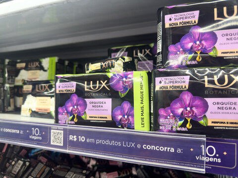 BELO HORIZONTE, MG, BRAZIL, APRIL 11, 2026 Lux Botanicals Orchid Negra soap bars are displayed with a promotional offer on a store shelf.