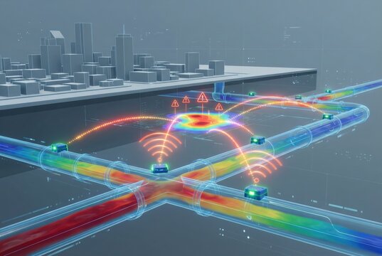 Advanced urban infrastructure connectivity visualization showcasing dynamic pipeline networks and real time data analytics influencing smart city ecosystems