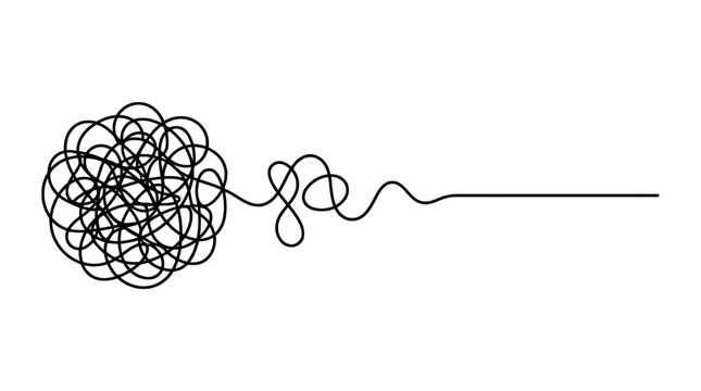 Abstract illustration showing a tangled knot of lines untangling into a straight, clear path, symbolizing problem-solving and clarity.