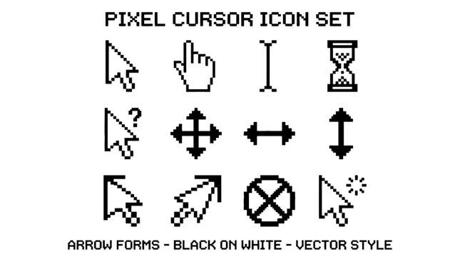 A comprehensive set of pixelated cursor icons in black and white, featuring various arrow forms, hand, text, and loading indicators for digital interfaces.