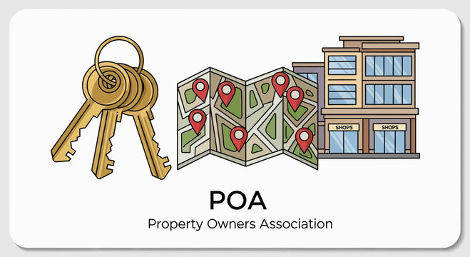 Keys, Map with Pins, and Buildings: Property Owners Association Concept
