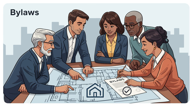 Diverse Business Team Discussing Bylaws and Property Plans at Meeting Table