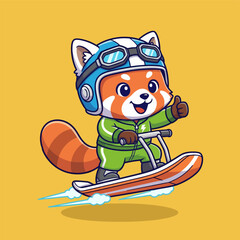 Naklejka premium Cute Red Panda Snowboarding with Thumbs Up.