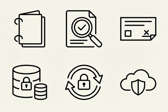 Digital data management symbols representing security, analysis, and documentation workflows in modern business operations emphasizing efficiency and reliability