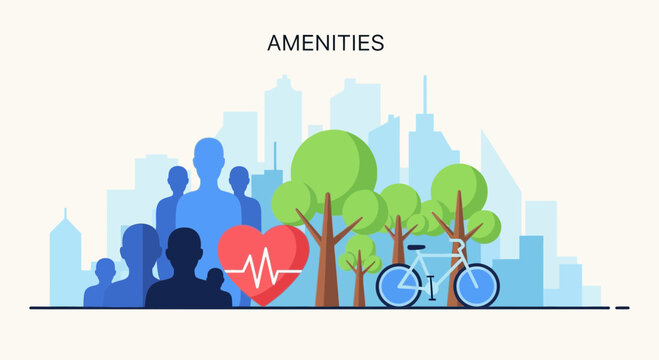 City amenities concept: people, health, nature, recreation in urban skyline