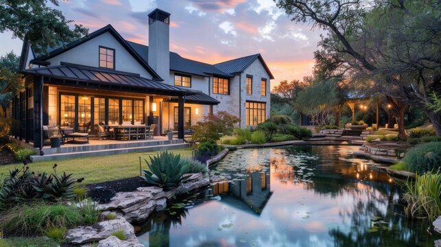 Modern farmhouse, tranquil pond, beautiful sunset