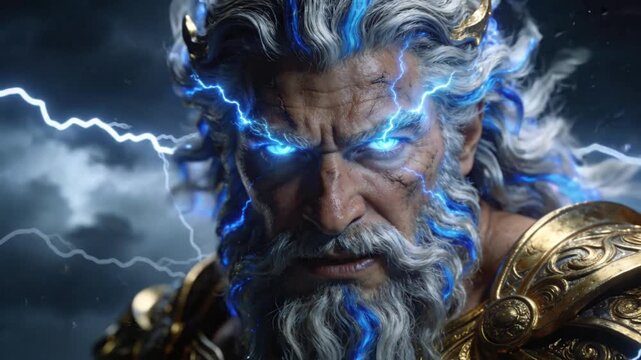 Zeus Powerful Mythical God with Lightning Eyes in Stormy Sky