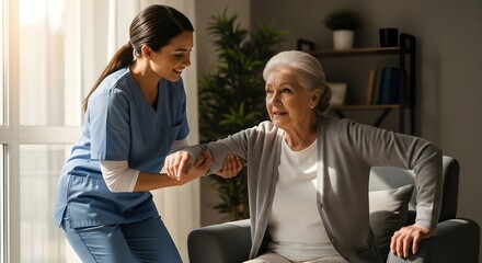 Obraz premium female caregiver helping senior patient stand up from chair, rehabilitation therapy session in living room