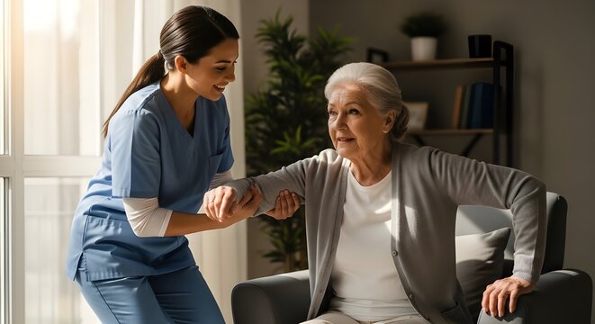 female caregiver helping senior patient stand up from chair, rehabilitation therapy session in living room