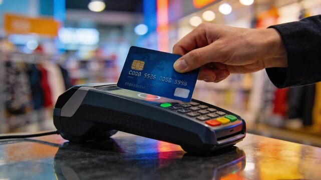 Contactless Credit Card Payment. Hand tapping payment card on POS terminal in a retail store. Modern secure transaction.