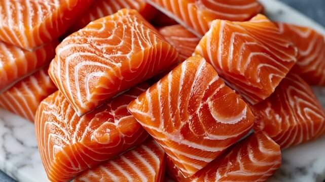 Fresh raw salmon fillet cubes rotating on a marble plate. Delicious seafood for healthy omega 3 rich diet and gourmet meal