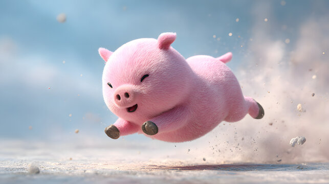 ピンクの子豚が砂浜を飛び跳ねている(A pink piglet is hopping on the sandy beach.)